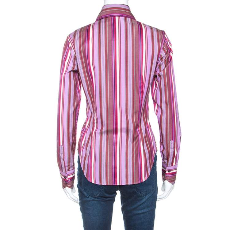 Pre Owned Etro Multicolour Striped Cotton Ruffled Detail Shirt S