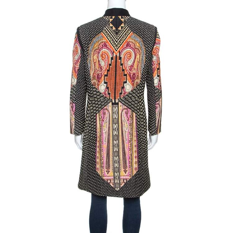 Pre Owned Etro Black Printed Textured Silk Long Sleeve Coat L