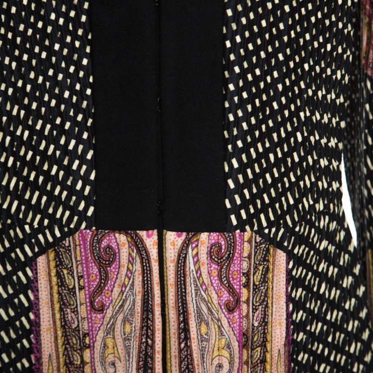 Pre Owned Etro Black Printed Textured Silk Long Sleeve Coat L