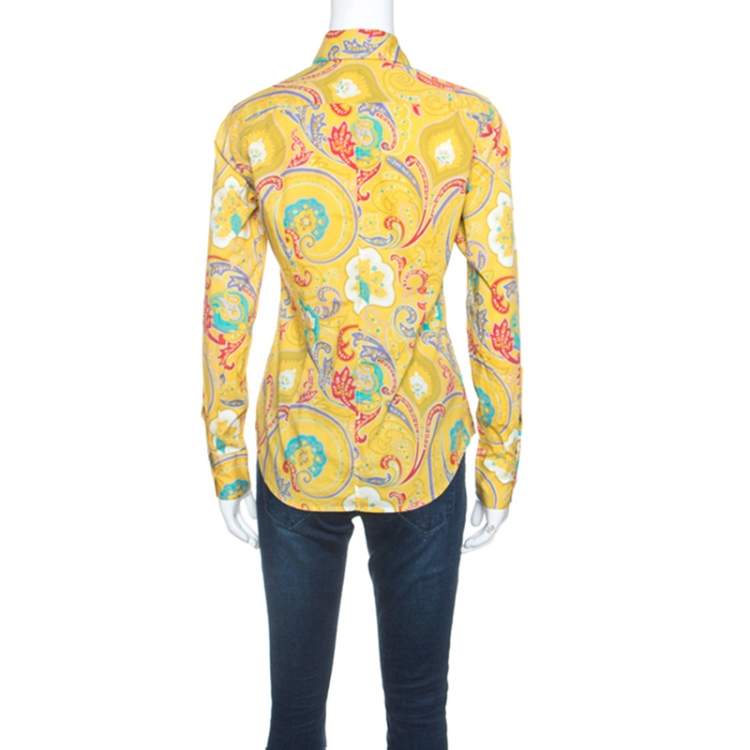 Pre Owned Etro Yellow Paisley Printed Stretch Cotton Long Sleeve Shirt S