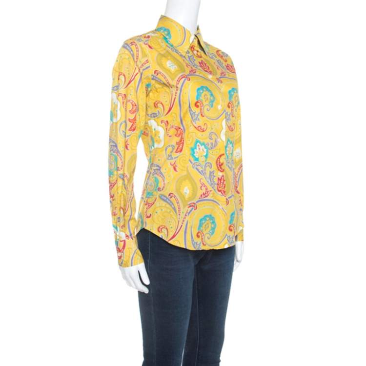 Pre Owned Etro Yellow Paisley Printed Stretch Cotton Long Sleeve Shirt S