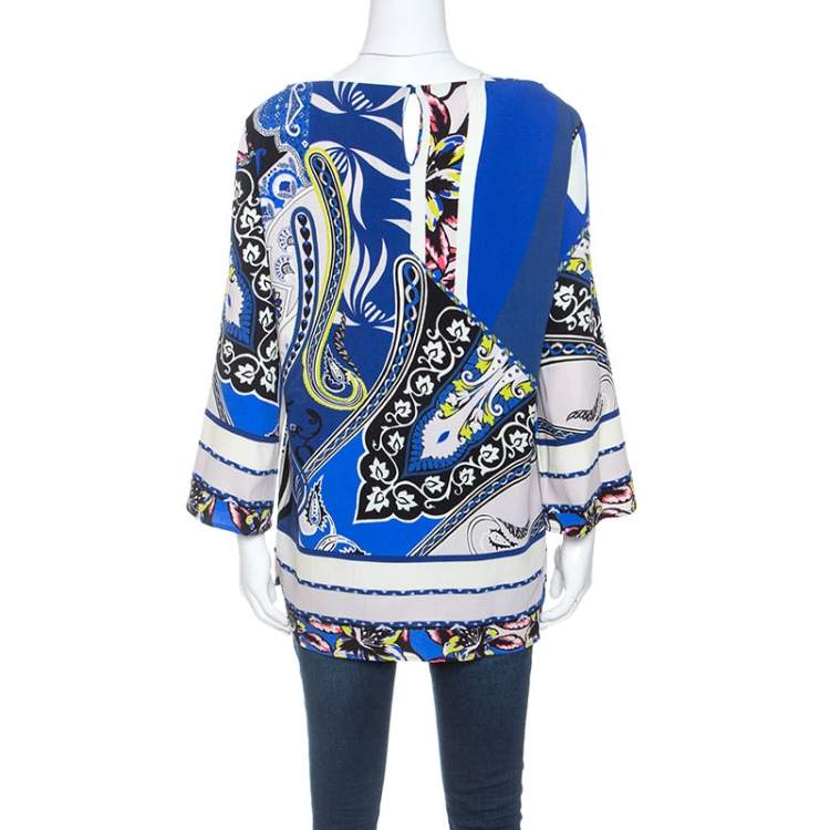 Pre Owned Etro Blue Printed Wool Crepe Top L