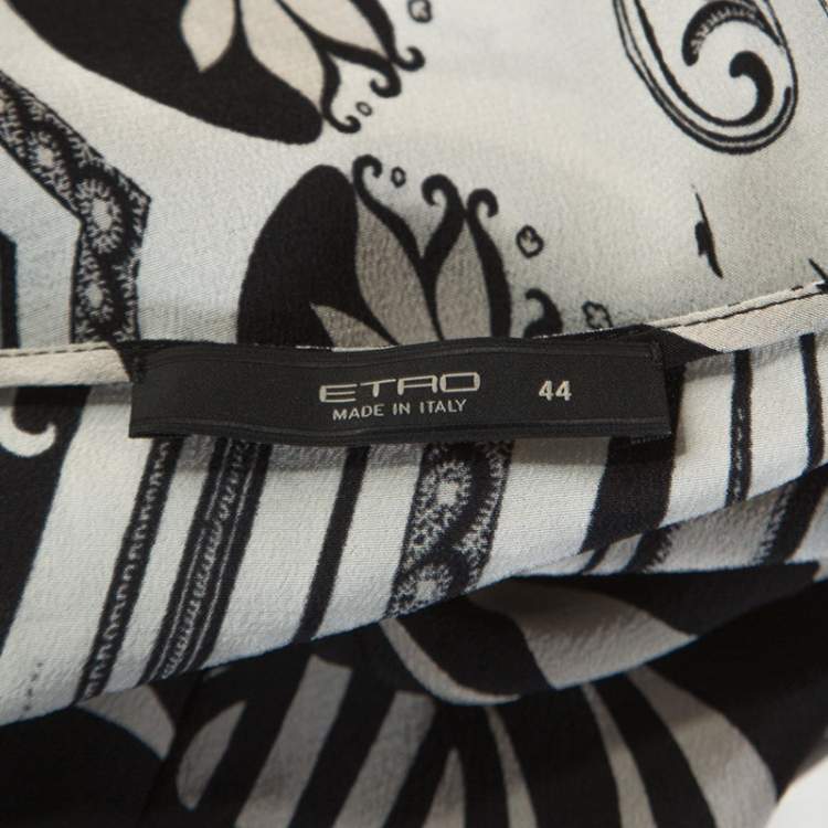 Pre Owned Etro Monochrome Paisley and Leaf Print Silk Blouse M