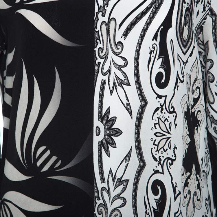 Pre Owned Etro Monochrome Paisley and Leaf Print Silk Blouse M