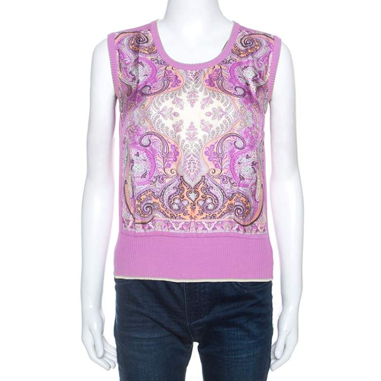 Pre Owned Etro Lavender Paisley Print Silk Sleeveless Top and Cardigan Set M