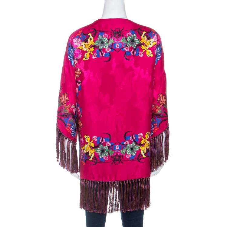 Pre Owned Etro Pink Floral Print Crepe Fringe Trim Kimono One Size