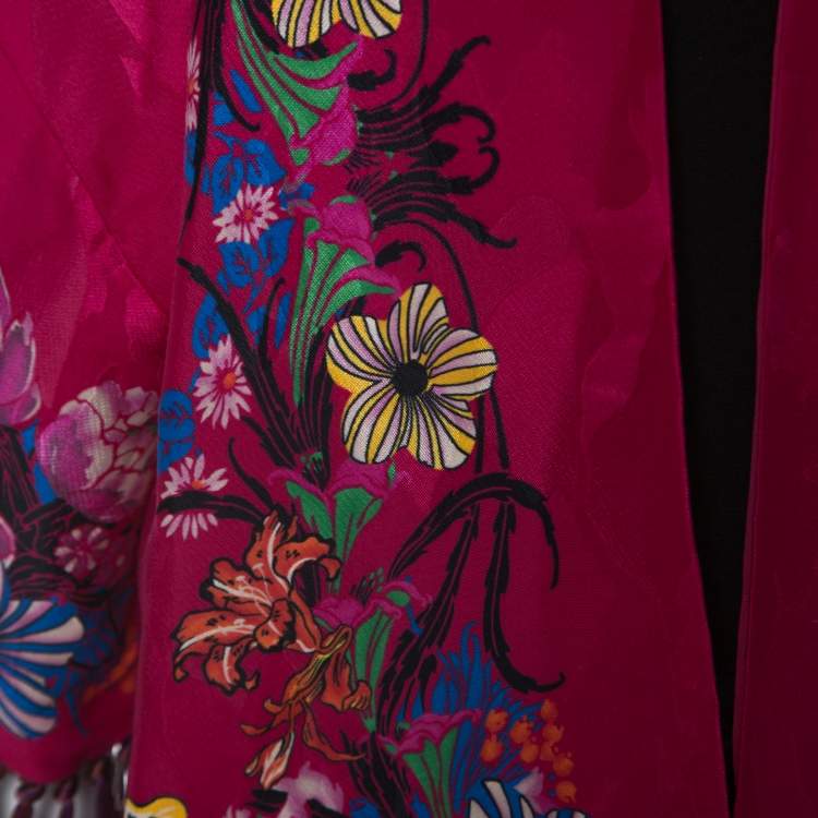 Pre Owned Etro Pink Floral Print Crepe Fringe Trim Kimono One Size