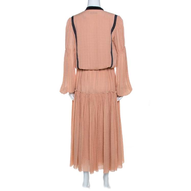 Pre Owned Etro Peach Textured Silk Waist Tie Detail Maxi Dress M