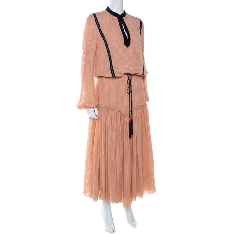 Pre Owned Etro Peach Textured Silk Waist Tie Detail Maxi Dress M
