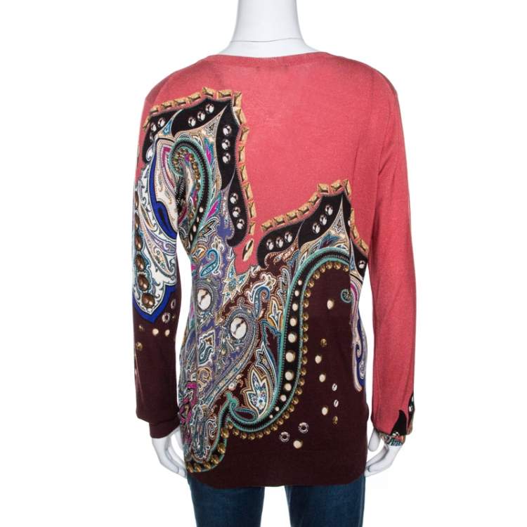 Pre Owned Etro Coral Pink Paisley Print Cashmere Silk Knit Top XL