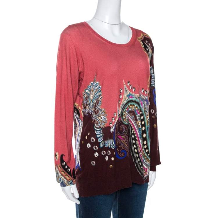 Pre Owned Etro Coral Pink Paisley Print Cashmere Silk Knit Top XL
