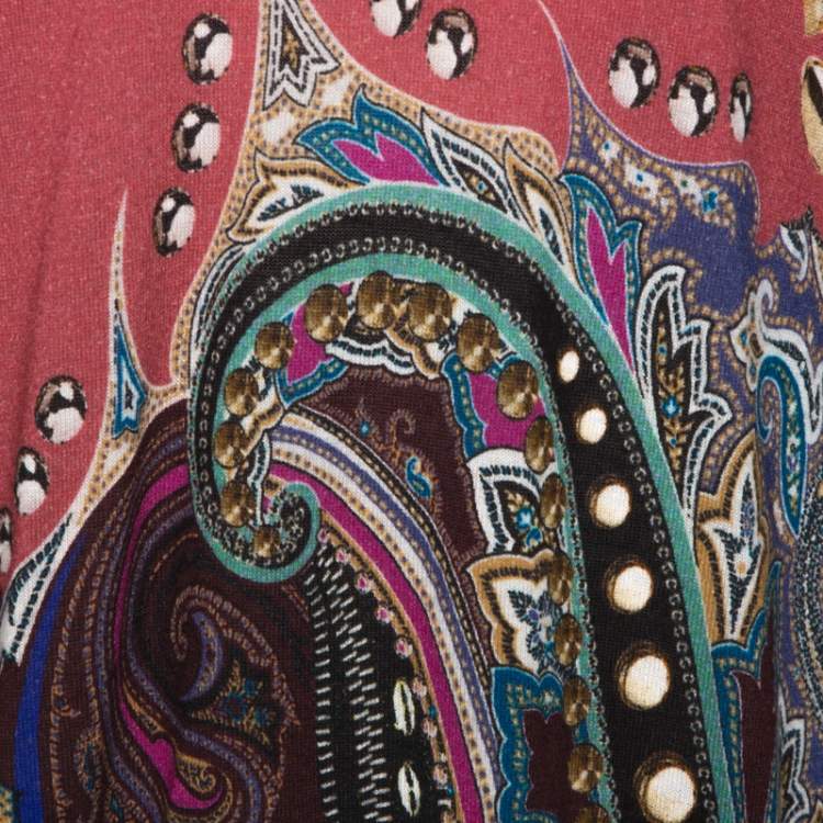 Pre Owned Etro Coral Pink Paisley Print Cashmere Silk Knit Top XL
