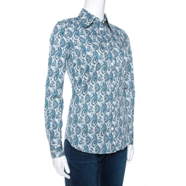 مملوكة مسبقًا Etro Teal Blue Paisley Printed Stretch Cotton Shirt S 