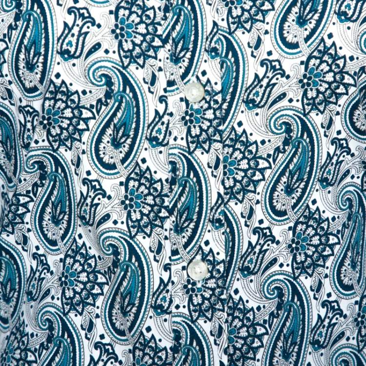 مملوكة مسبقًا Etro Teal Blue Paisley Printed Stretch Cotton Shirt S 