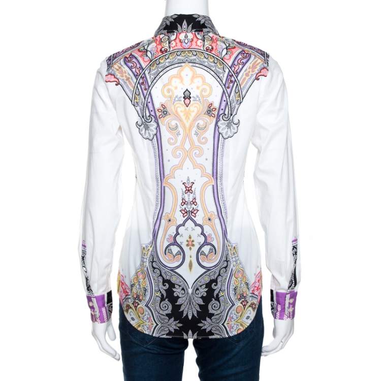 Pre Owned Etro White Paisley Printed Stretch Cotton Shirt S 