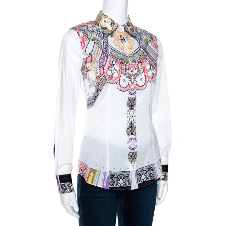 Pre Owned Etro White Paisley Printed Stretch Cotton Shirt S 