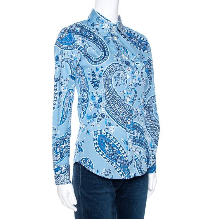 Pre Owned Etro Blue Paisley Print Stretch Cotton Shirt S