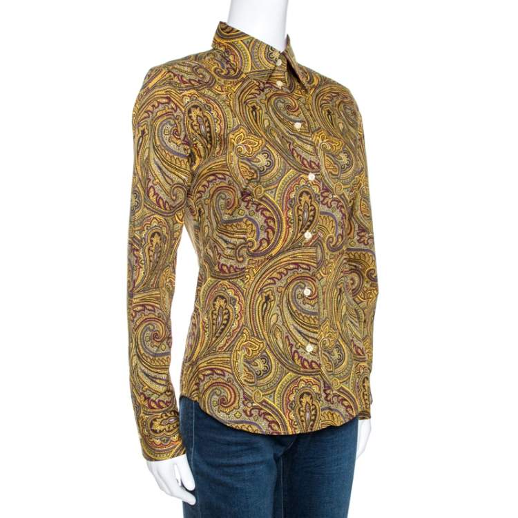 Pre Owned Etro Yellow Paisley Print Stretch Cotton Contrast Trim Shirt S