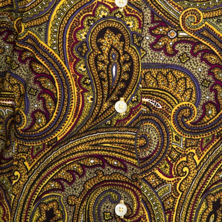 Pre Owned Etro Yellow Paisley Print Stretch Cotton Contrast Trim Shirt S