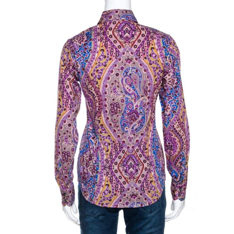 Pre Owned Etro Purple Floral Print Stretch Cotton Shirt S
