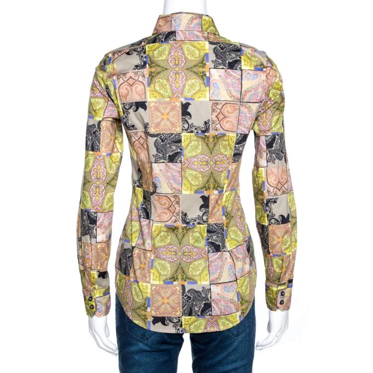 Pre Owned Etro Green Paisley Patch Print Stretch Cotton Shirt S