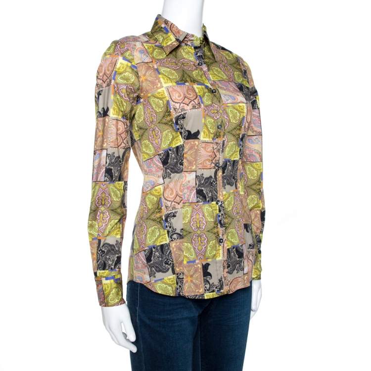 Pre Owned Etro Green Paisley Patch Print Stretch Cotton Shirt S
