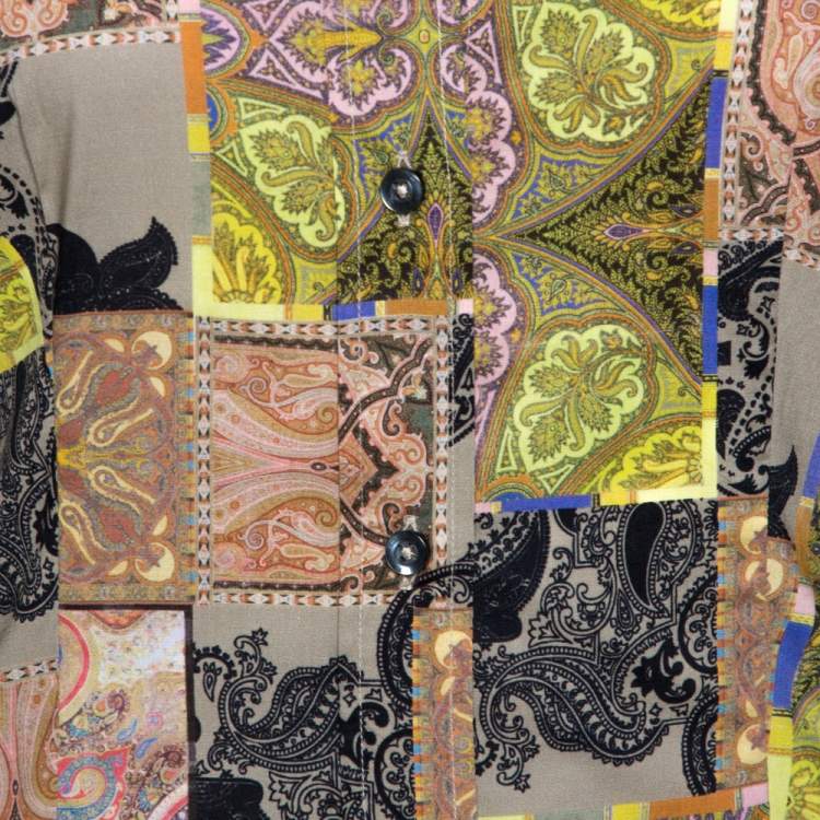 Pre Owned Etro Green Paisley Patch Print Stretch Cotton Shirt S