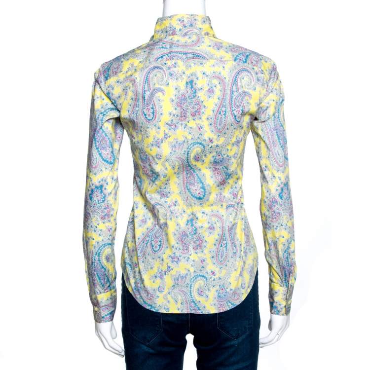Pre Owned Etro Lemon Yellow Paisley Print Stretch Cotton Shirt S