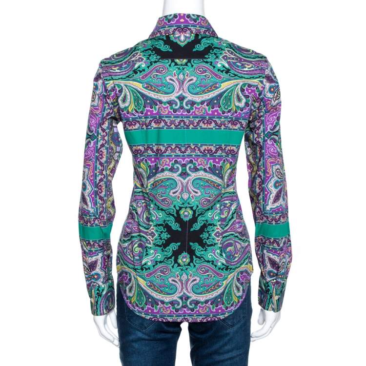 Pre Owned Etro Purple & Green Paisley Print Stretch Cotton Shirt S