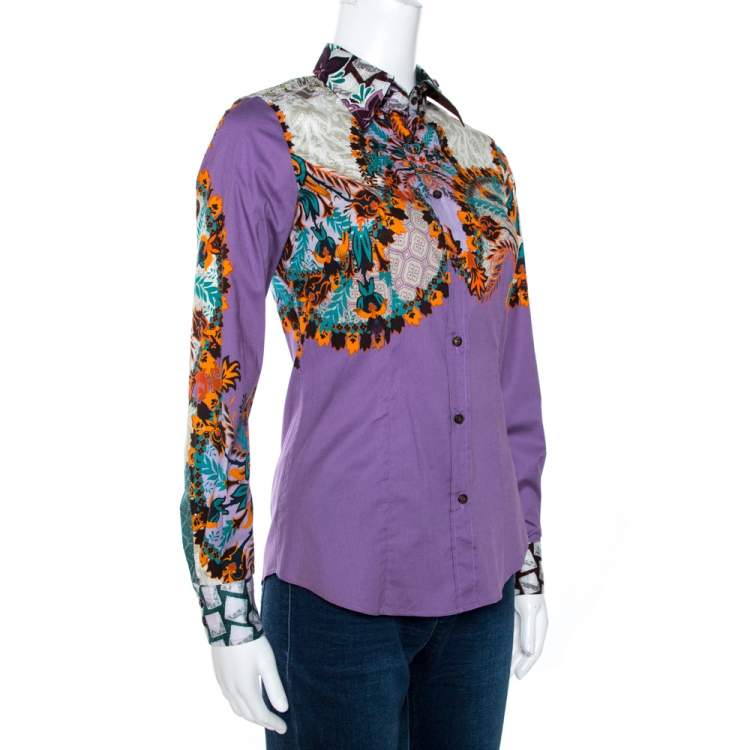 Pre Owned Etro Purple Floral Leaf Print Stretch Cotton Shirt S
