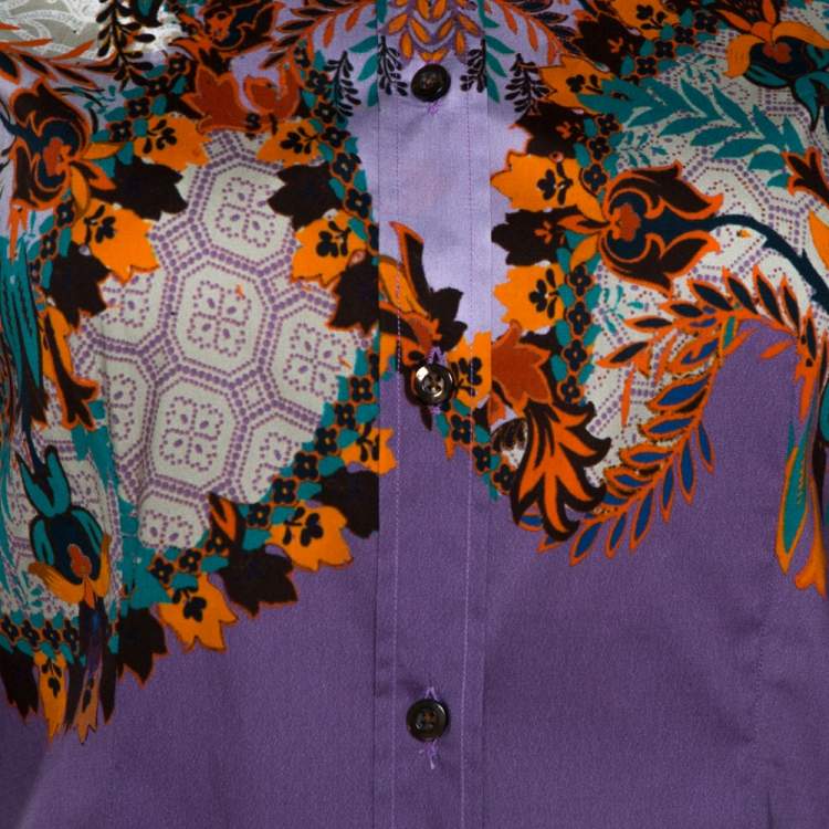 Pre Owned Etro Purple Floral Leaf Print Stretch Cotton Shirt S