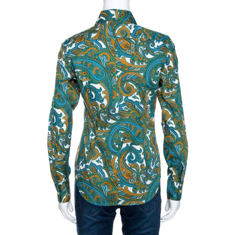 مملوكة مسبقًا Etro Green & Blue Paisley Print Stretch Cotton Shirt S