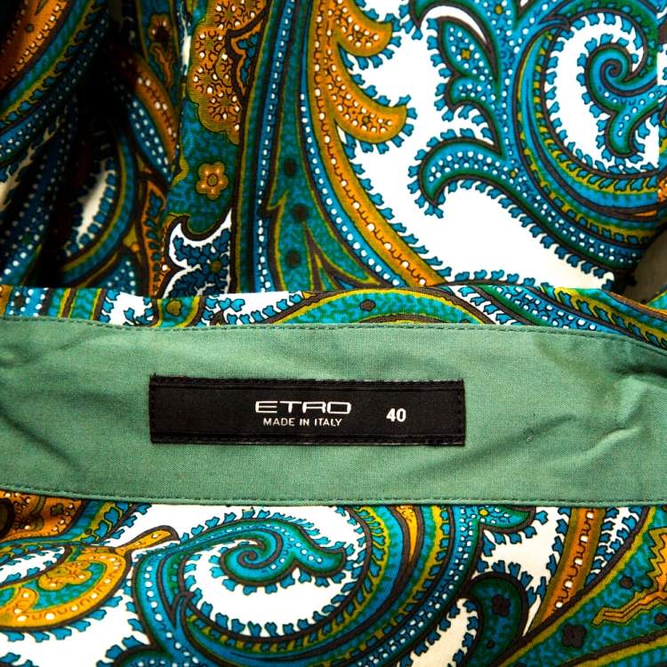 مملوكة مسبقًا Etro Green & Blue Paisley Print Stretch Cotton Shirt S