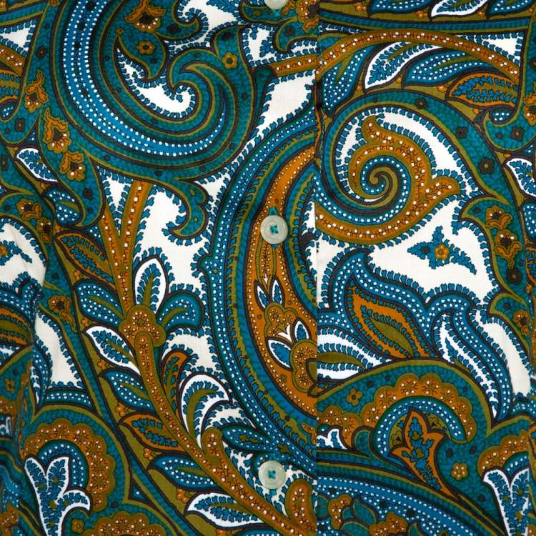 مملوكة مسبقًا Etro Green & Blue Paisley Print Stretch Cotton Shirt S