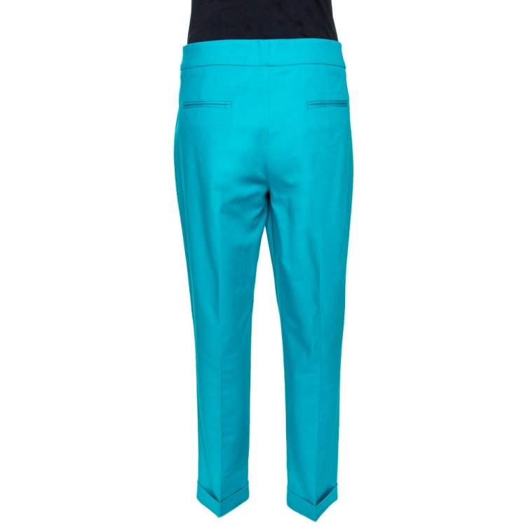 Pre Owned Etro Jade Green Stretch Cotton Cuffed Hem Tailored Trousers L