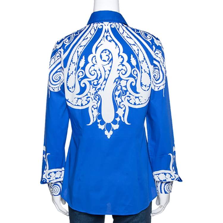 Pre Owned Etro Blue & White Paisley Print Stretch Cotton Shirt M