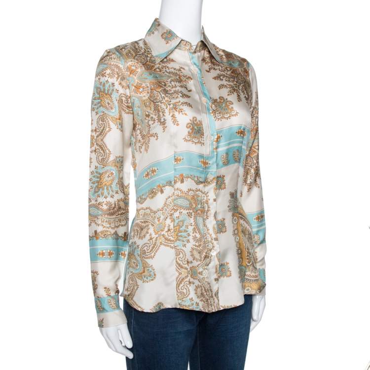 Pre Owned Etro Cream and Teal Paisley Print Silk Long Sleeve Shirt S