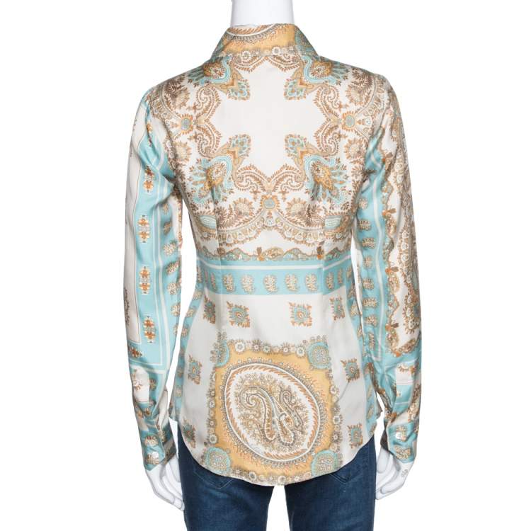 Pre Owned Etro Cream and Teal Paisley Print Silk Long Sleeve Shirt S