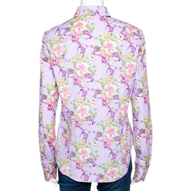 Pre Owned Etro Mauve Floral Printed Cotton Button Front Fitted Shirt L