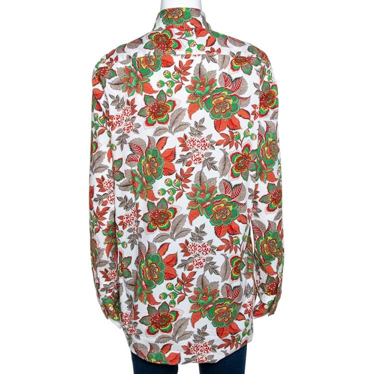 Pre Owned Etro White & Red Floral Printed Stretch Cotton Button Front Shirt M 