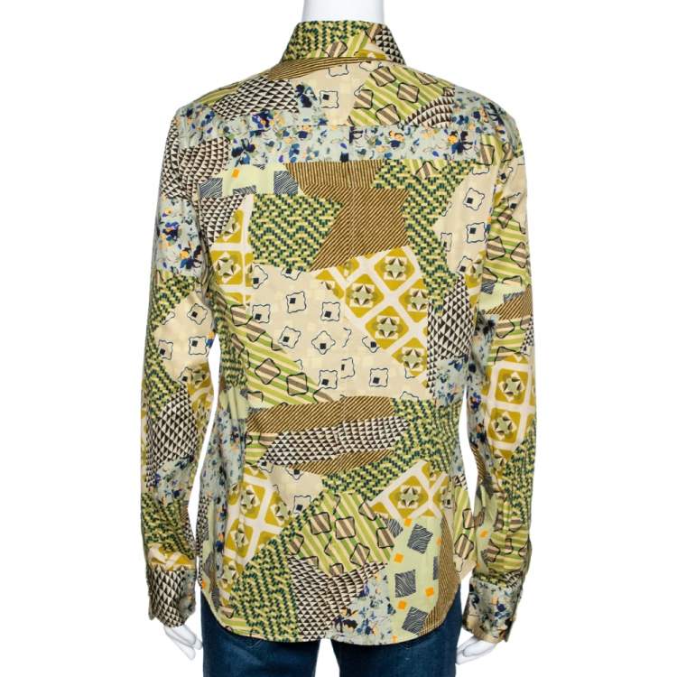 Pre Owned Etro Yellow Stretch Cotton Multi Print Button Front Shirt L