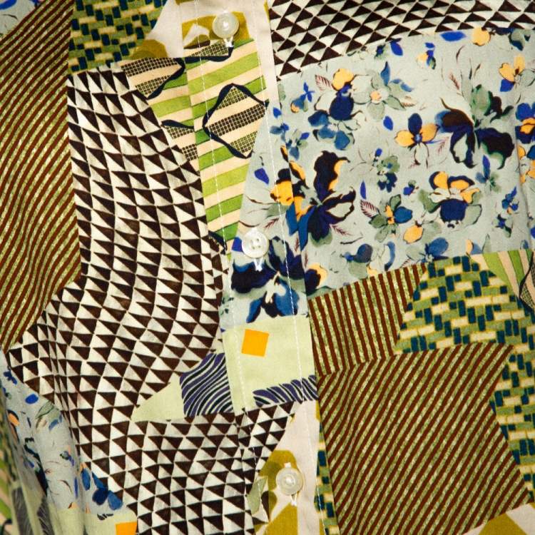 Pre Owned Etro Yellow Stretch Cotton Multi Print Button Front Shirt L