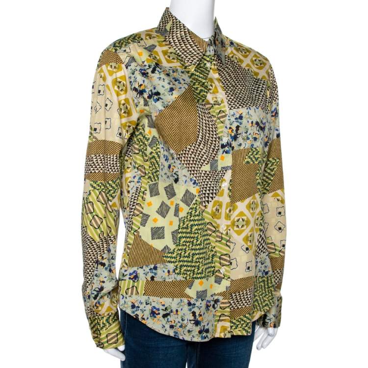 Pre Owned Etro Yellow Stretch Cotton Multi Print Button Front Shirt L