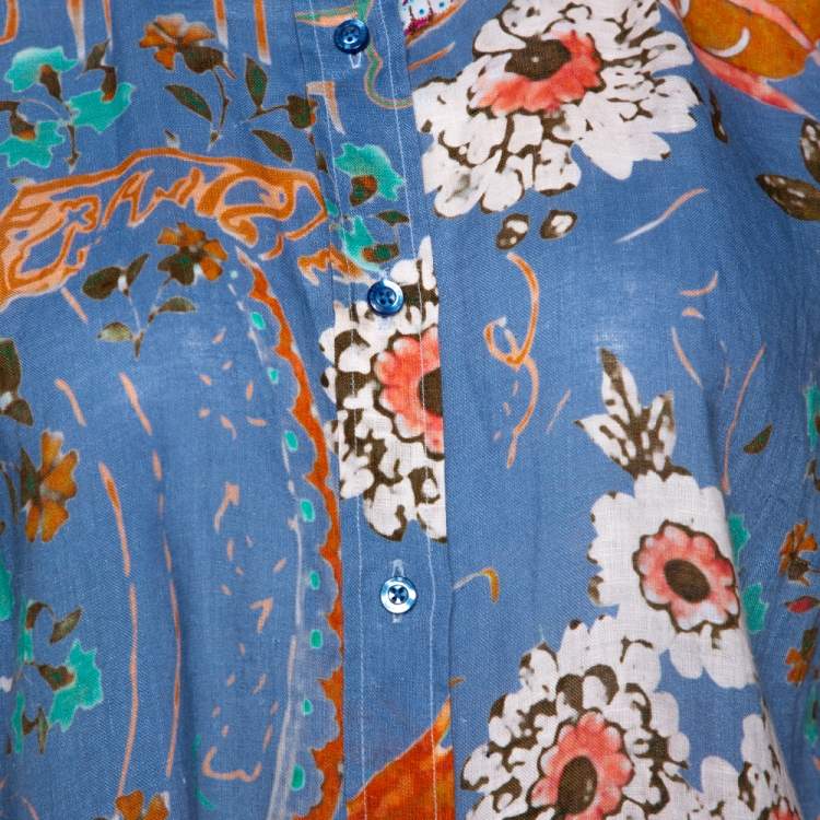 Pre Owned Etro Blue Floral Printed Linen Button Front Shirt L