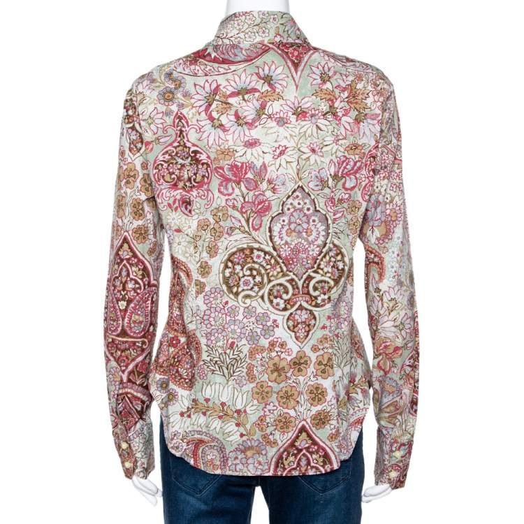 Pre Owned Etro Multicolor Floral Paisley Printed Stretch Cotton Button Front Shirt L 