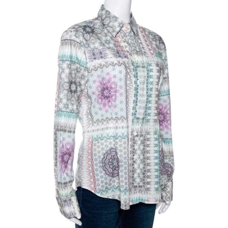 Pre Owned Etro Multicolor Abstract Printed Stretch Cotton Button Front Shirt L 