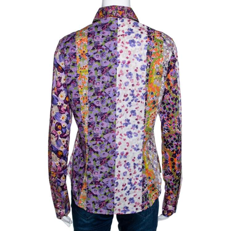 Pre Owned Etro Purple Floral Printed Stretch Cotton Button Front Shirt L