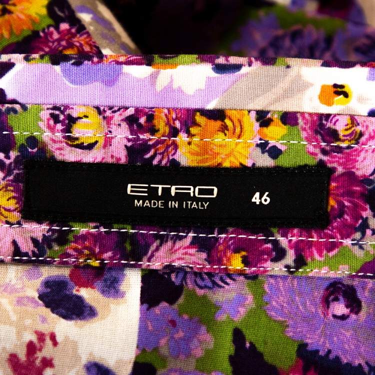 Pre Owned Etro Purple Floral Printed Stretch Cotton Button Front Shirt L