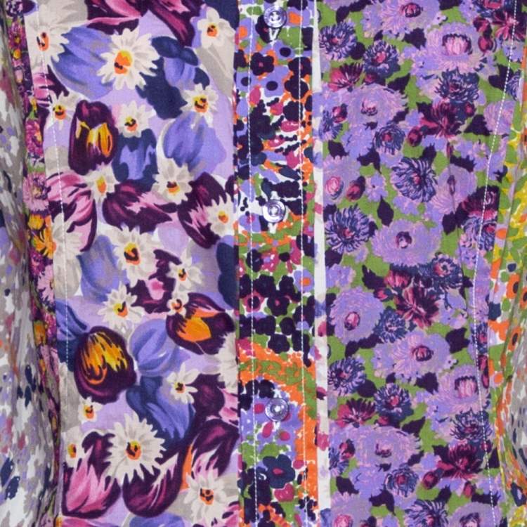 Pre Owned Etro Purple Floral Printed Stretch Cotton Button Front Shirt L