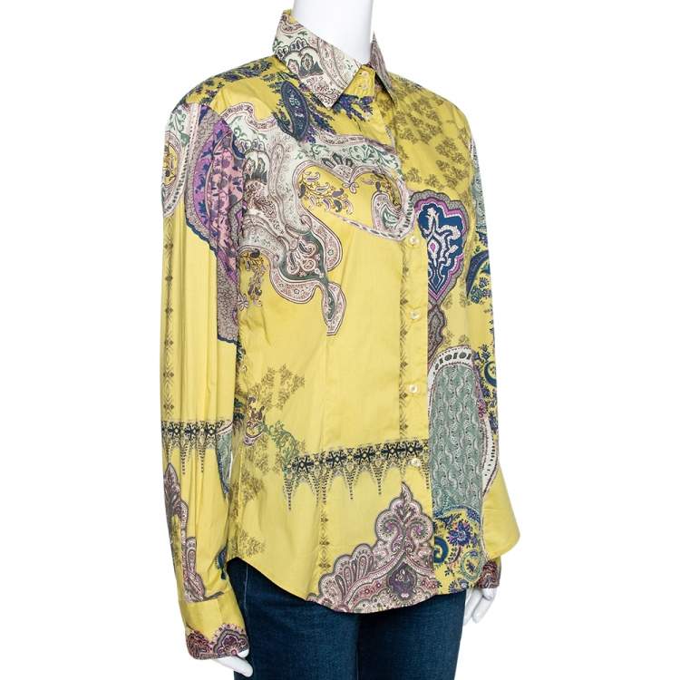 Pre Owned Etro Yellow Paisley Printed Stretch Cotton Button Front Shirt L